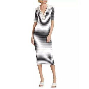 $695 CAROLINE CONSTAS Knit Stretch Midi Dress Striped White/Navy Bodycon L